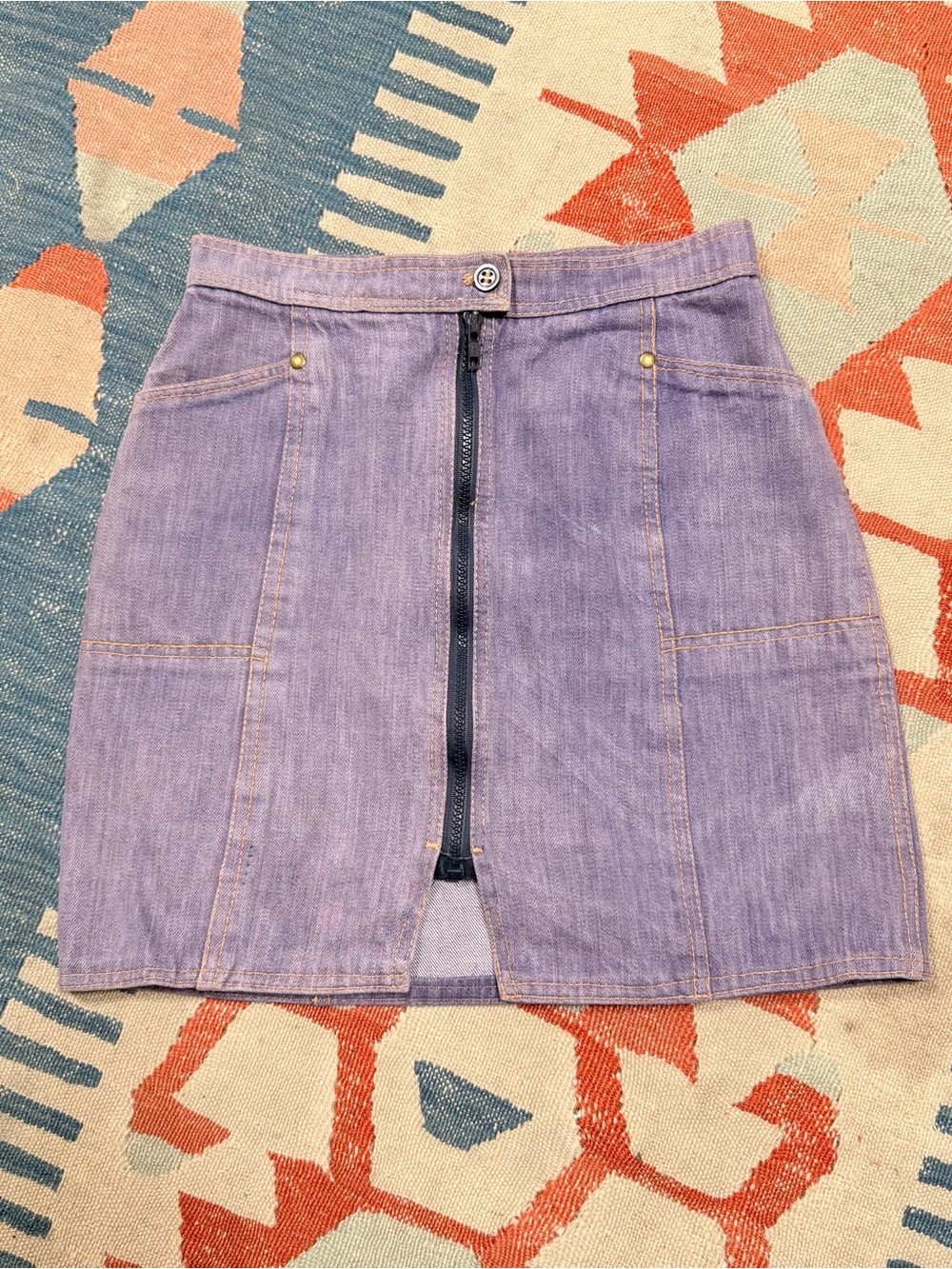 1970s Vintage Lavender Denim Mini Skirt with Front Zipper